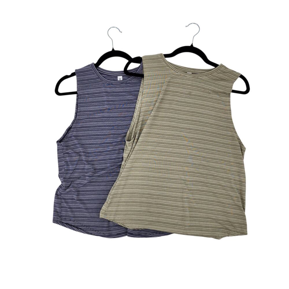 2 PC Lot Athleta Navy Blue & Green Stripe Cloudlight Muscle Tank Tops Size M
